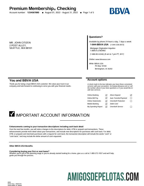 Extrato bancário BBVA dos EUA para impressão, modelo Word e PDF, 5 páginas